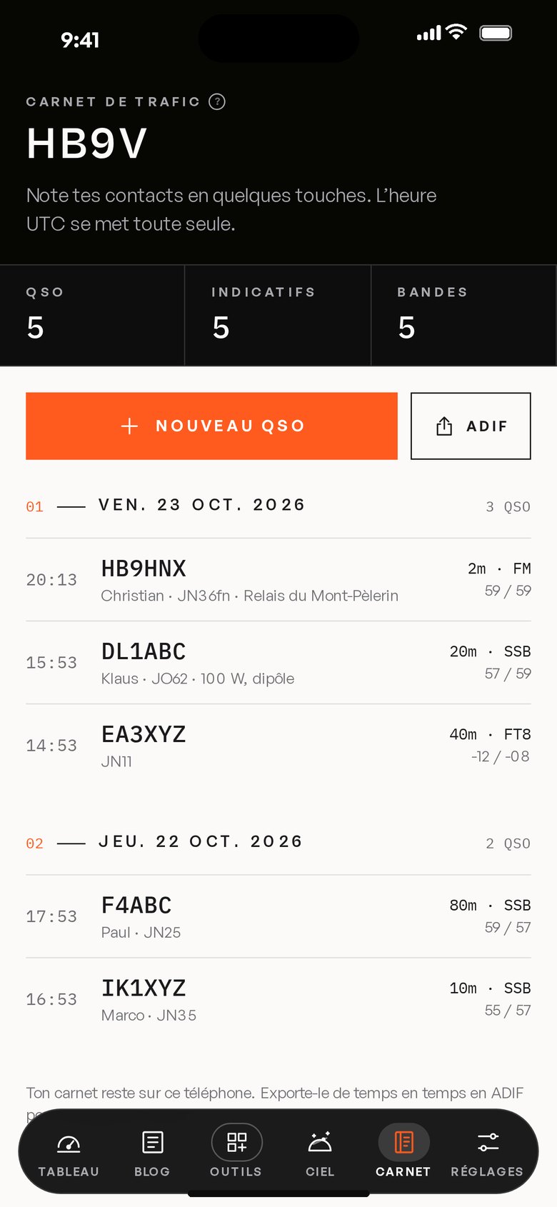 Carnet de trafic de l'app HB9V : liste des QSO par jour