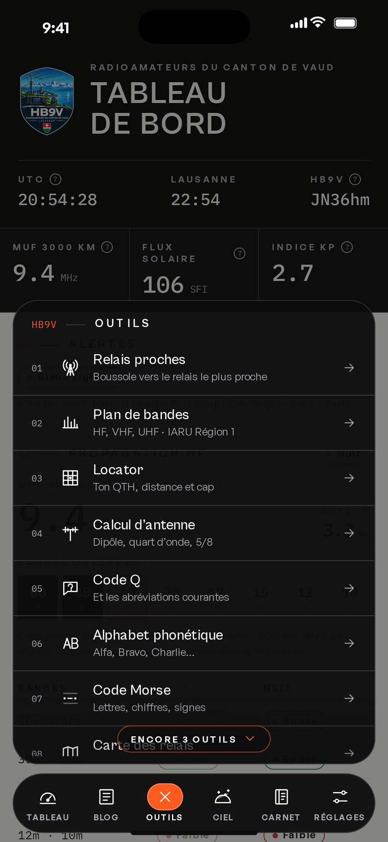 Menu Outils de l'app HB9V