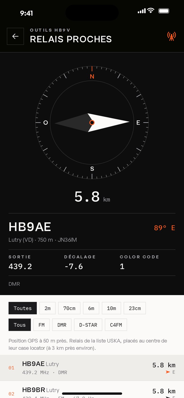 Outil Relais proches de l'app HB9V : boussole vers le relais le plus proche