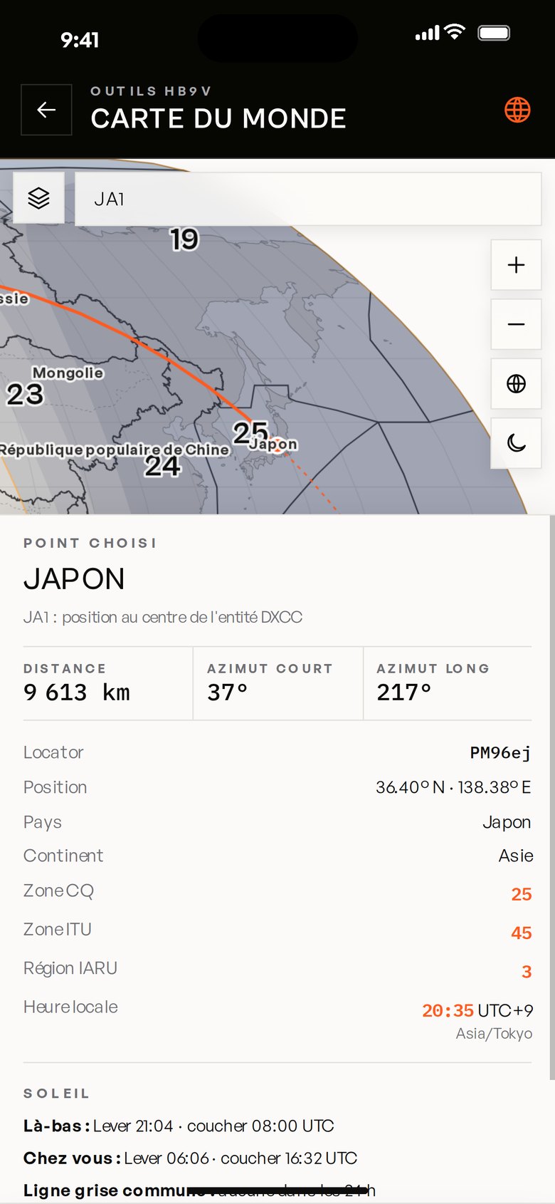 Weltkarte der HB9V-App: Merkblatt zu Japan mit Distanz, Richtung sowie CQ- und ITU-Zonen