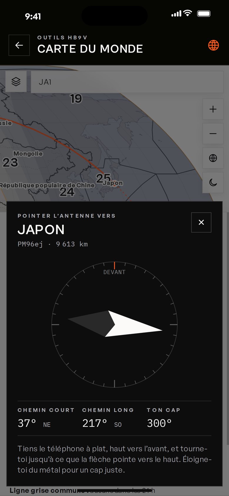 Kompass Antenne ausrichten der HB9V-App: Pfeil Richtung Japan, Short Path und Long Path