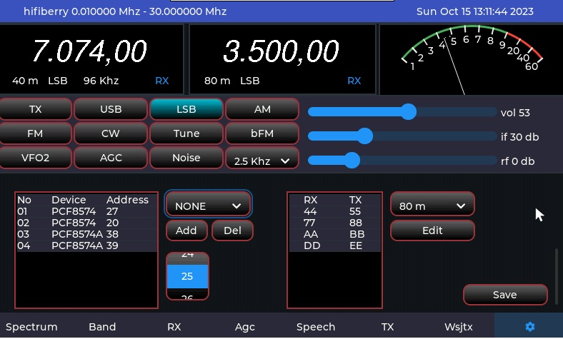 Menu configuration SDRBerry pour régler SDR audio réseau et filtres I2C