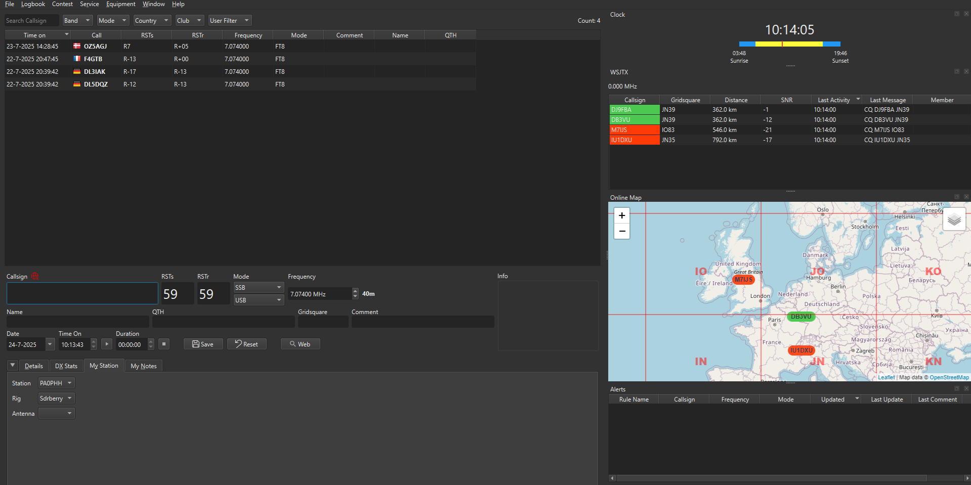 Mode FT8 SDRBerry avec décodeur WSJT-X intégré et liste stations radioamateurs