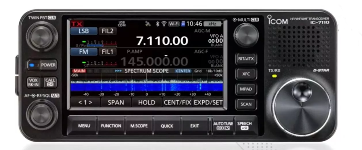 Façade de l'Icom IC-7110 avec écran tactile couleur 4,3 pouces, spectre et waterfall